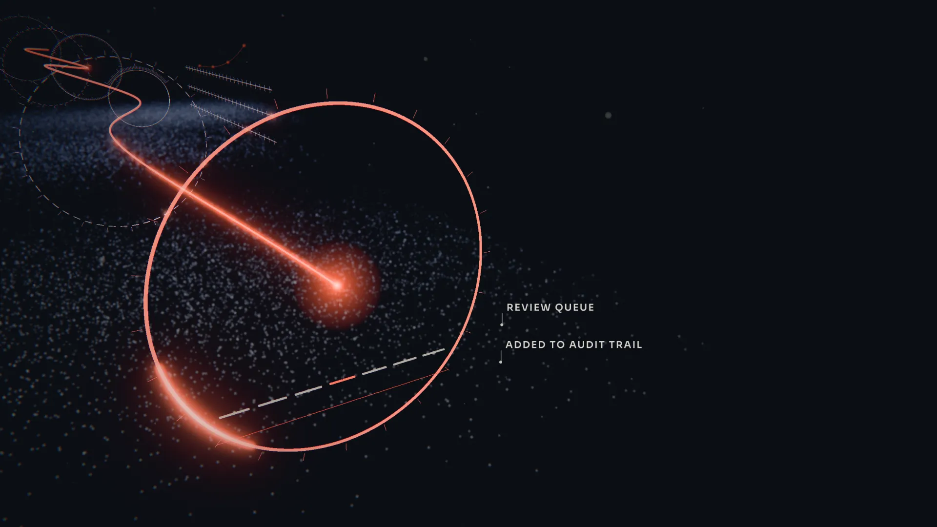 Still from the film: one ticket lit orange at the end of the checks, above a wide field of tickets that were set aside.
